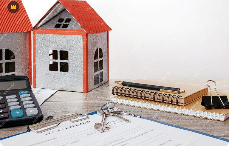 Calculadora e chaves sobre um contrato de reajuste de aluguel.